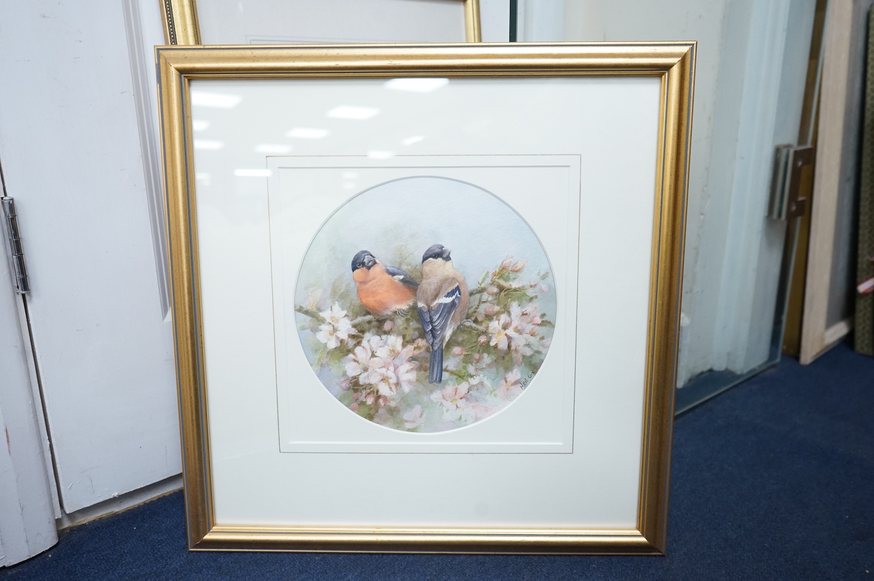 Neil Cox (b.1955), ‘Bull finches’ and ‘Great tits’, signed, pair of watercolours, tondo, 22cm